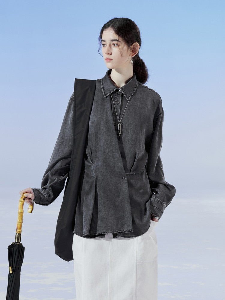 데님 비대칭 드레이프 니치 씻기 셔츠