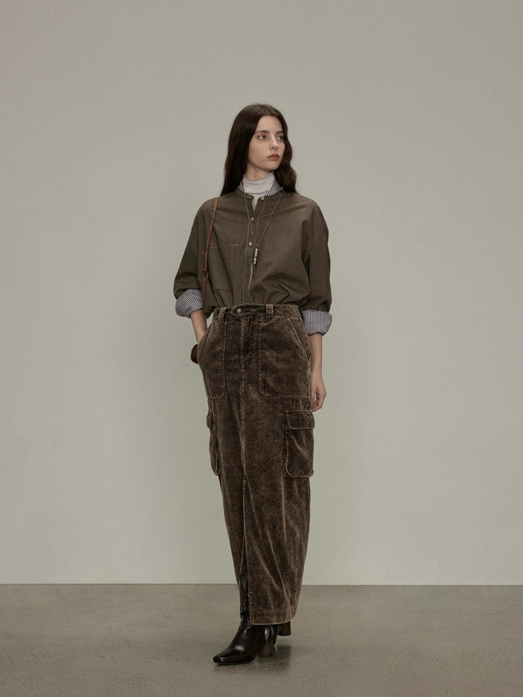 Side-Pocket Corduroy Plain Thick Casual Slit Long-Skirt