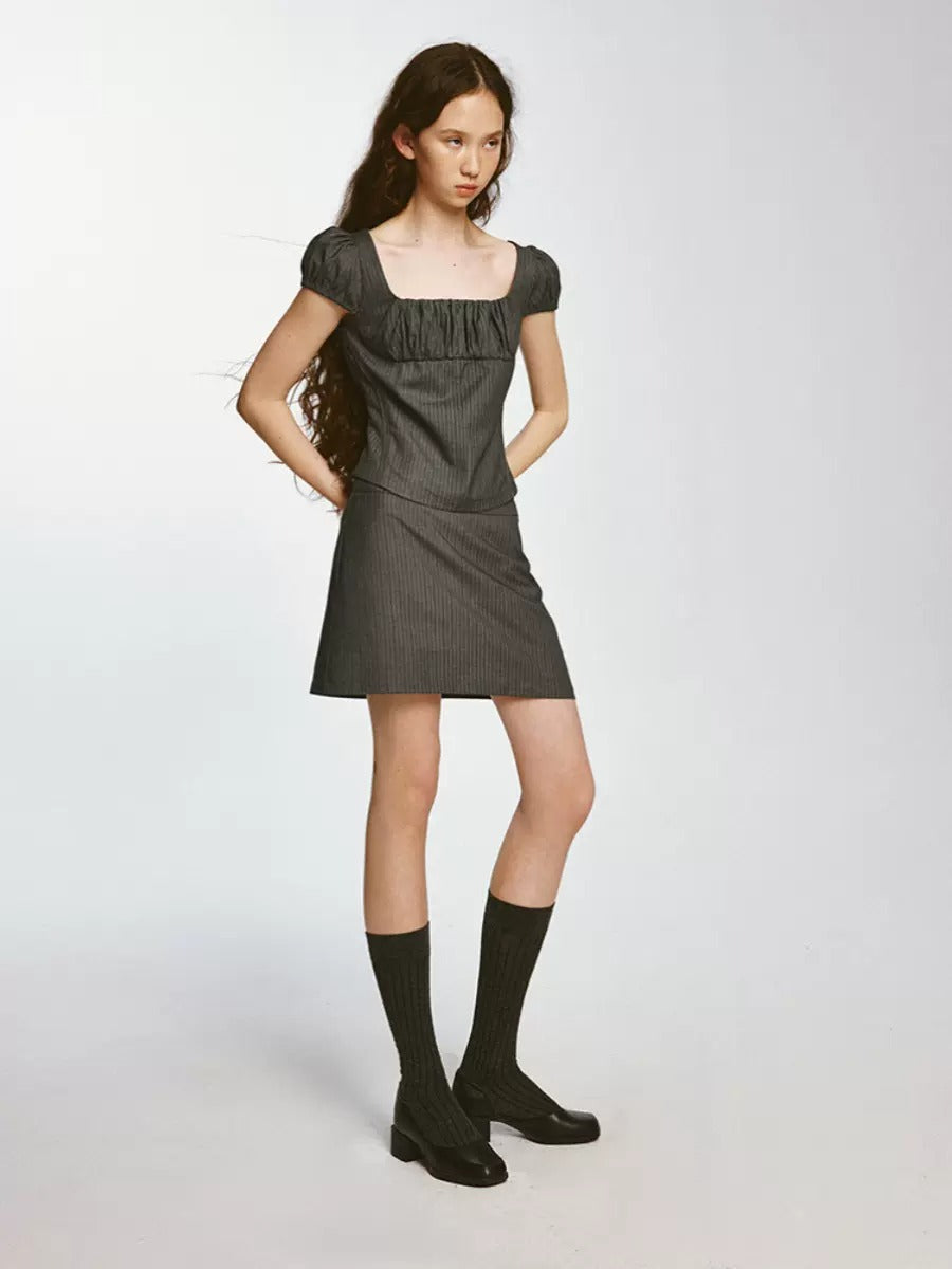 Striped Square-Neck Puff Sleeve Top & A-Line Mini Skirt