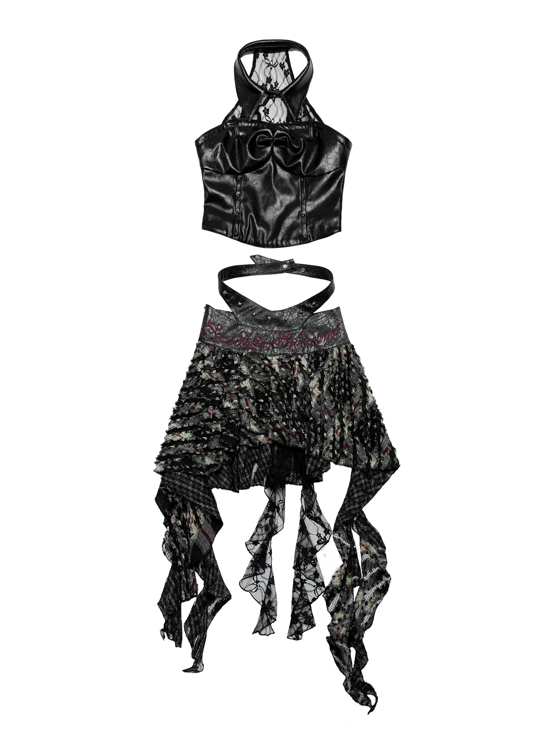 Stitching Embroidered Skirt & Lace Stitch Leather Tube Top
