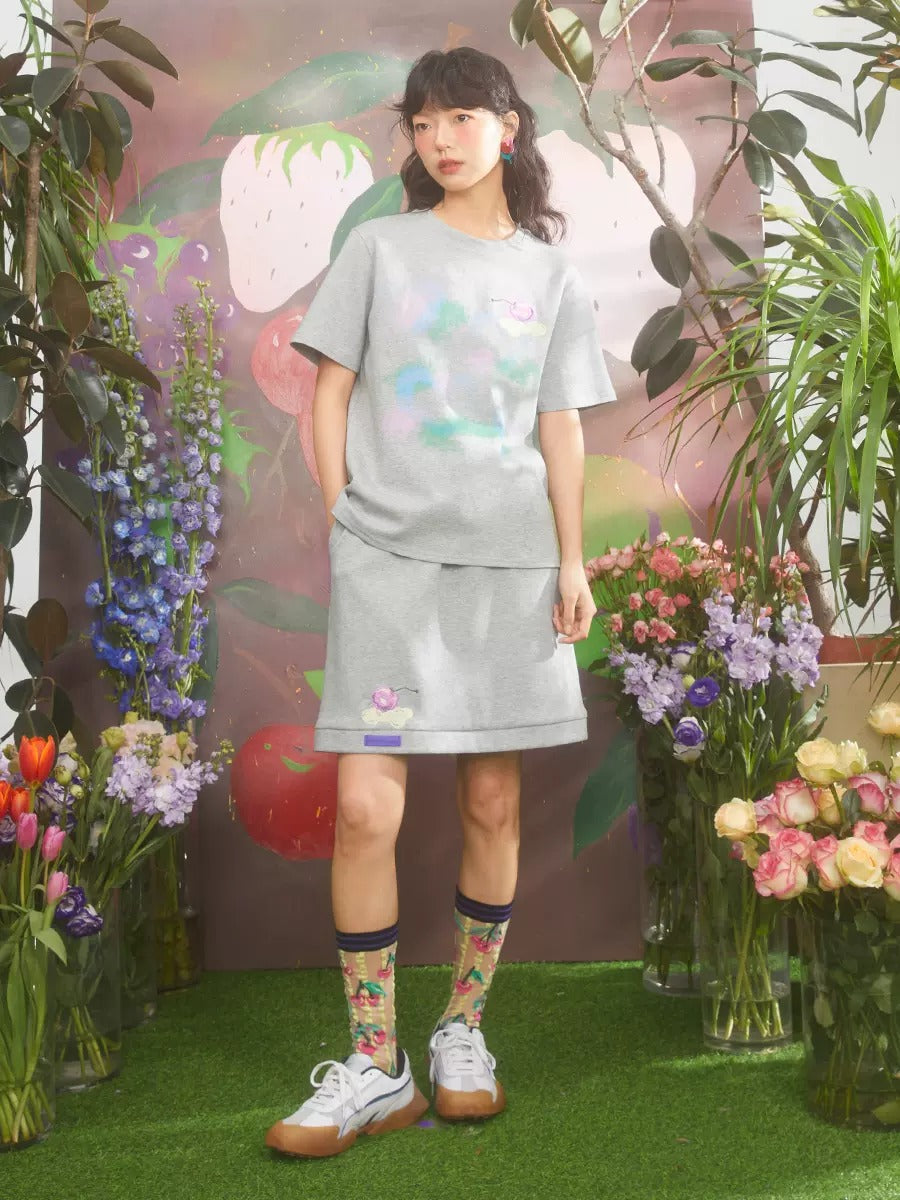 Retro Cherry Embroidery Gradient Loose T-shirt & Skirt