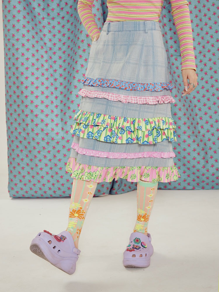 Rüschstich-Plaid-Denim A-Line-High-T-Rock