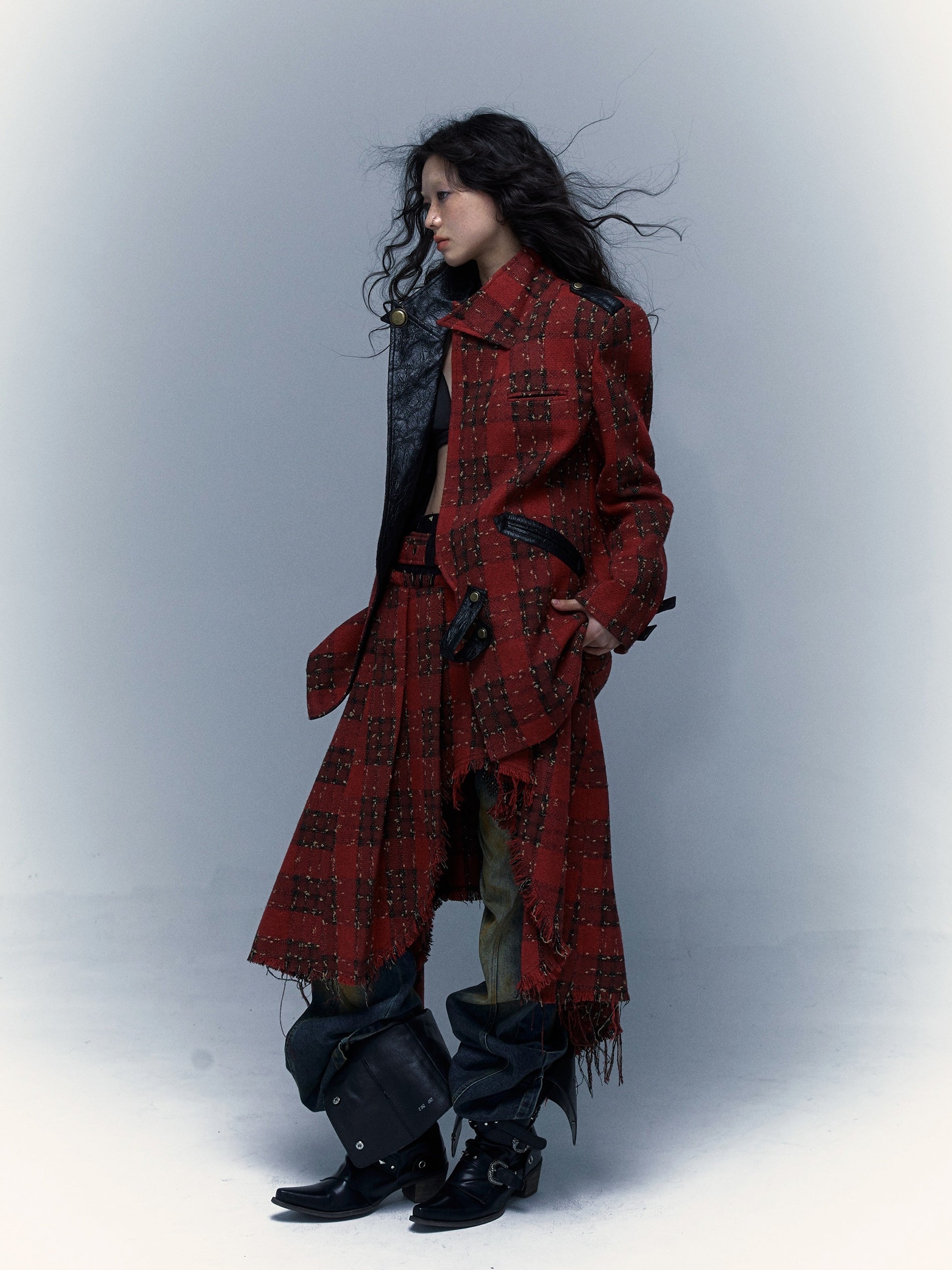 Punk Leather Splicing Plaid Jacket