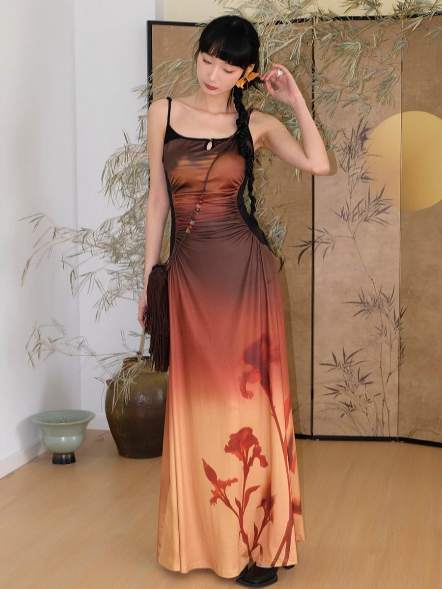 Gradation Printed Elastic Slim Fit Suspender Dress