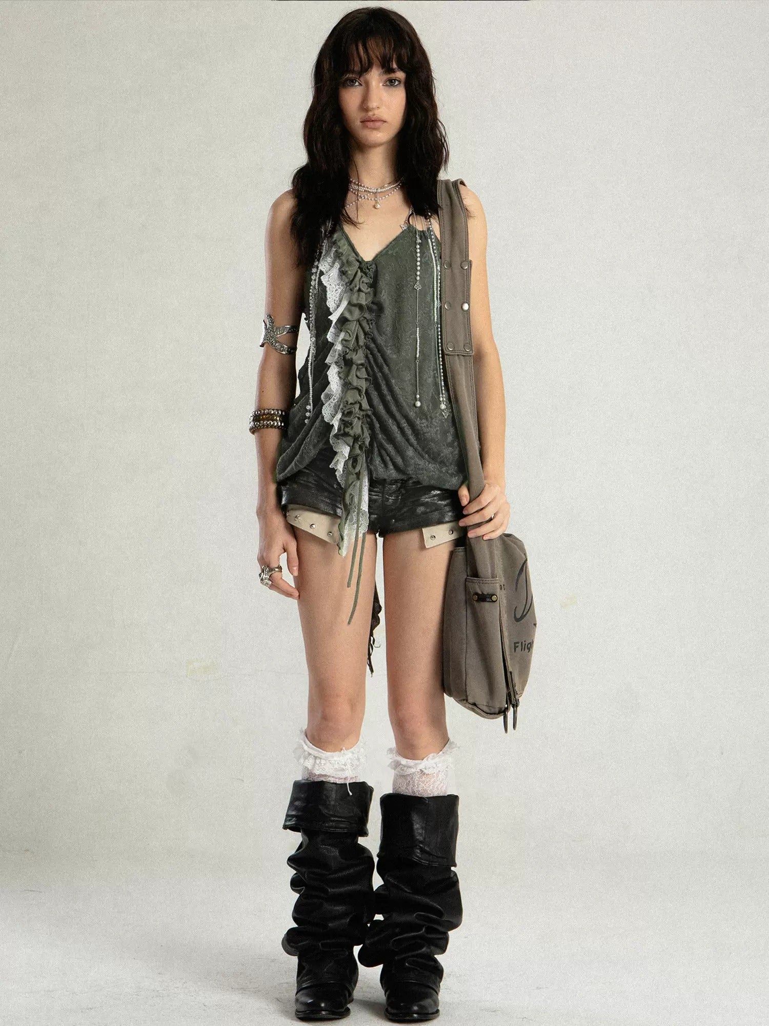 Imitation Leather Pleated Hot Pants