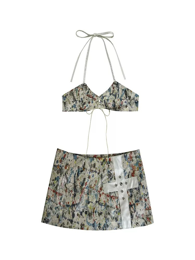 Colorful Paint Design Bikini & Short Skirt