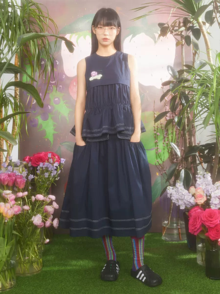 Cream Cherry Embroidery Sleeveless Ruffle Top & Gather Skirt