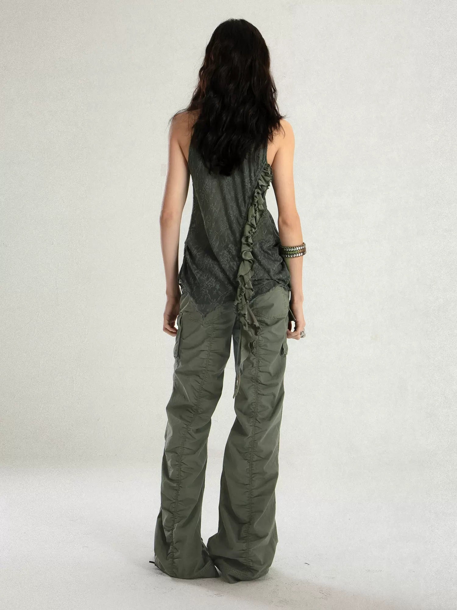 Old Washed Straight Flared Pleated Gather Pants