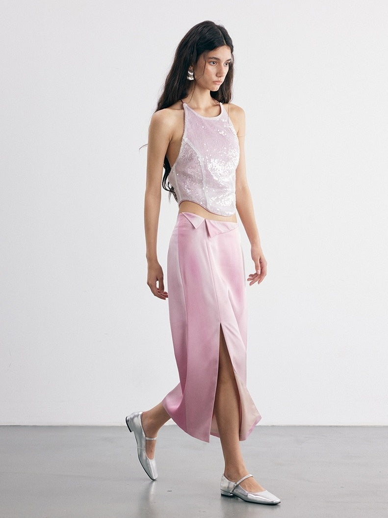 Ombre-print Cuffed Slit Skirt