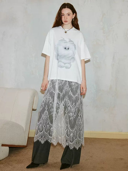 Print Loose Silhouette Spliced Lace T-shirt One-piece