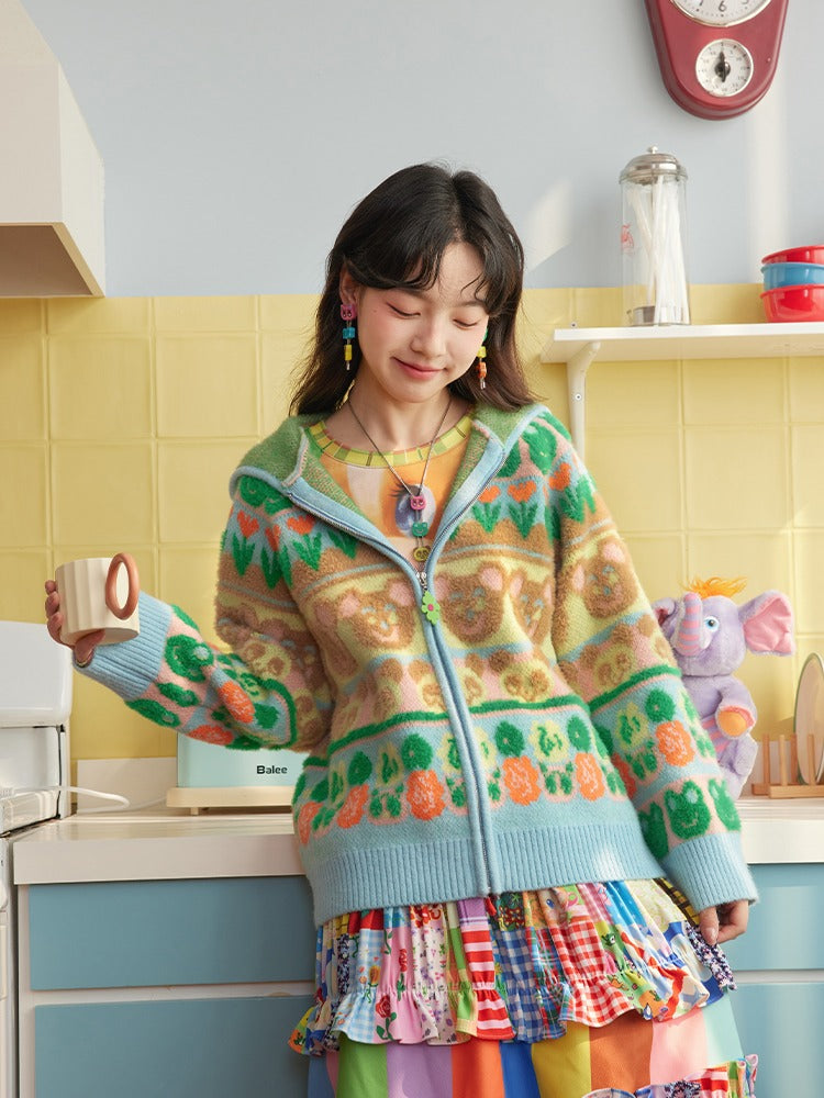 Colorful Border Knitted Hooded Zipper Cardigan