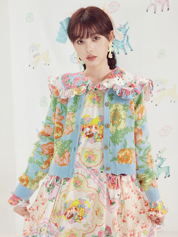 짧은 꽃 니트 자카드 카디건