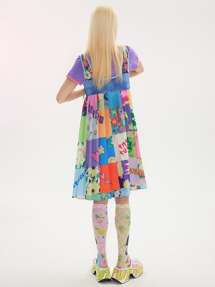 Stitching Denim Print Strap Sling One-piece