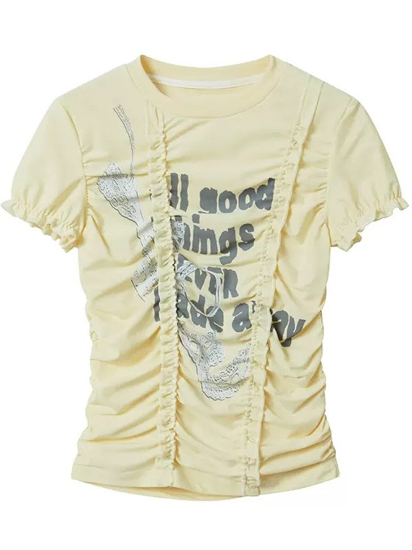 Lace Print Fungus Wrinkled Slim Short-sleeved T-shirt