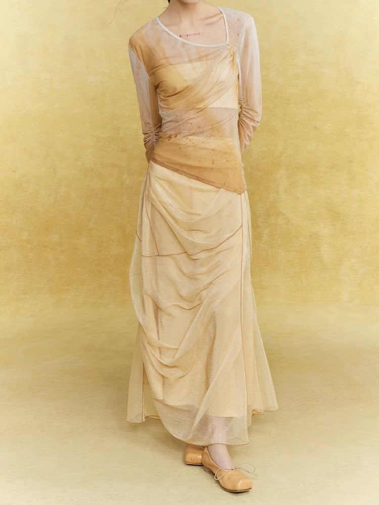 Mesh Sheer Drape Elegant Chic Oong-Skirt