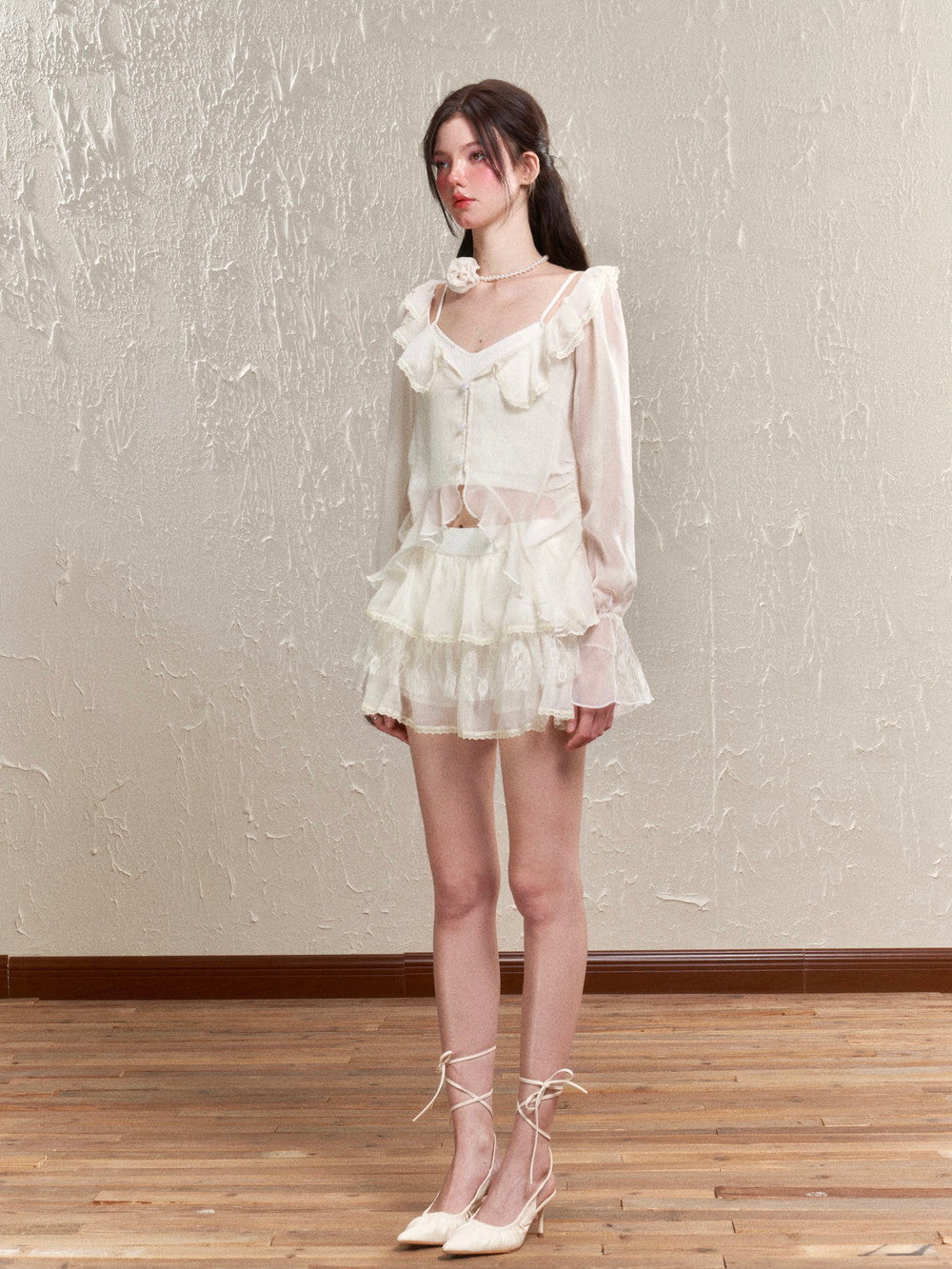 Sheer Frill Lace Feminine Blouse&Mini-Skirt