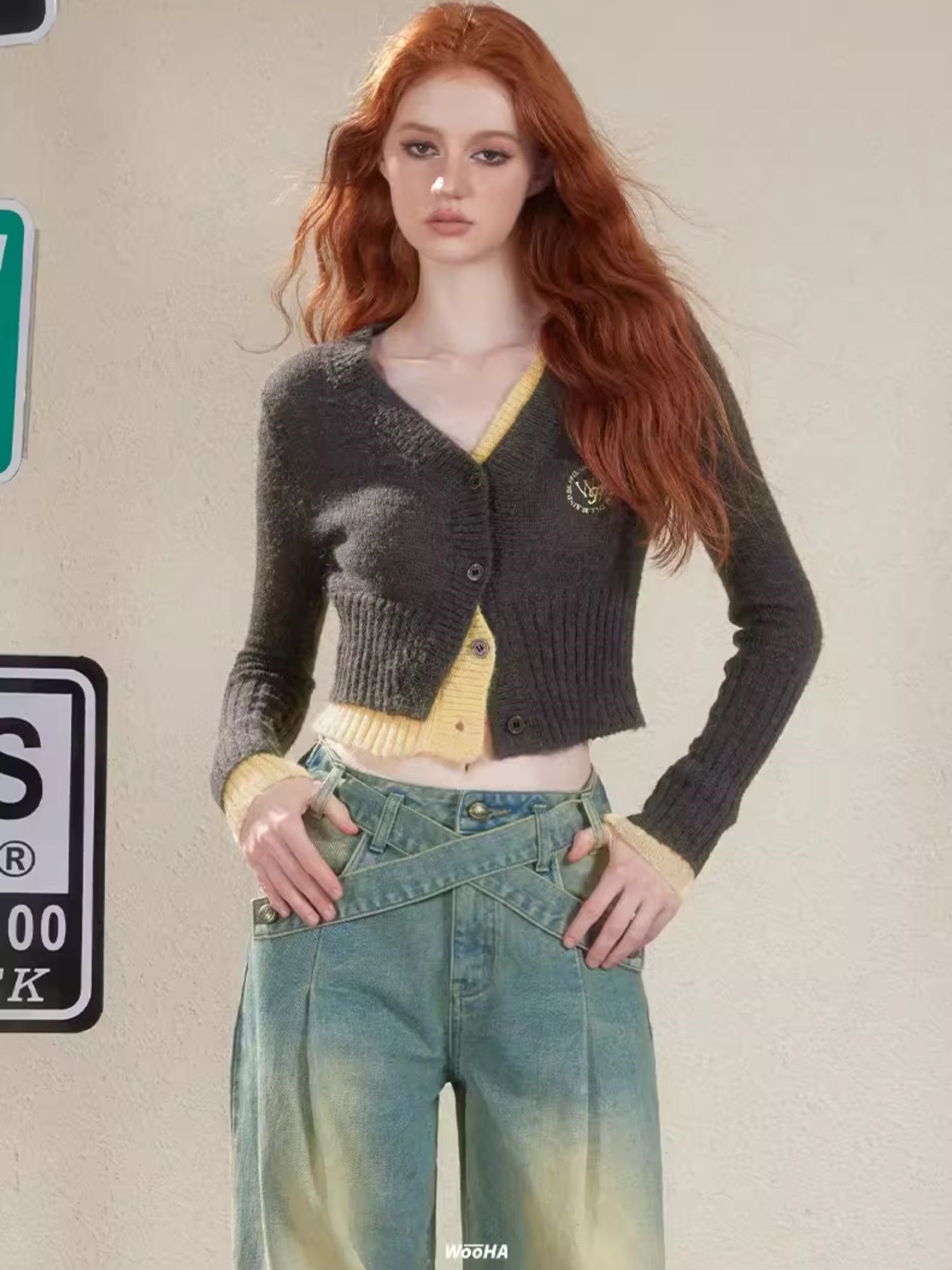 V-Neck 층 니치 짧은 복고풍 니트