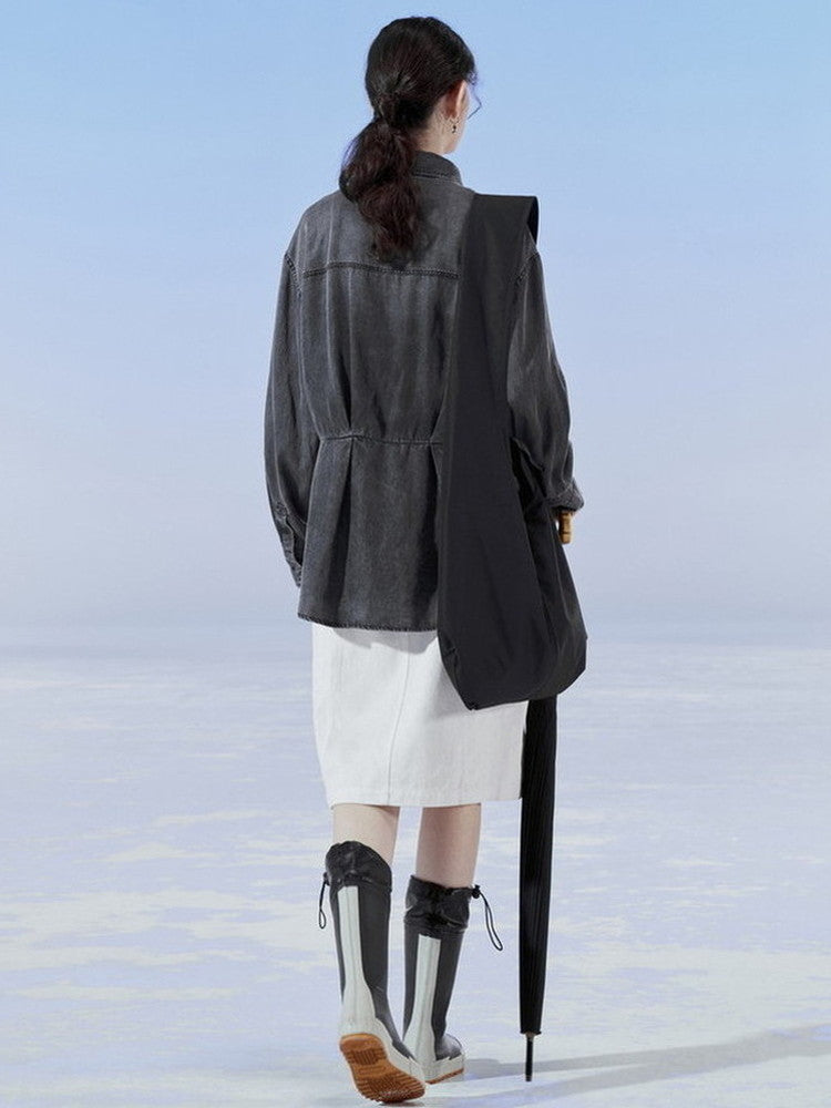 데님 비대칭 드레이프 니치 씻기 셔츠