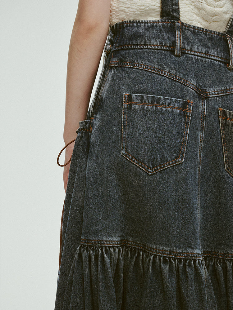 Retro Gather Denim Ribbon Casual Long One-Piece