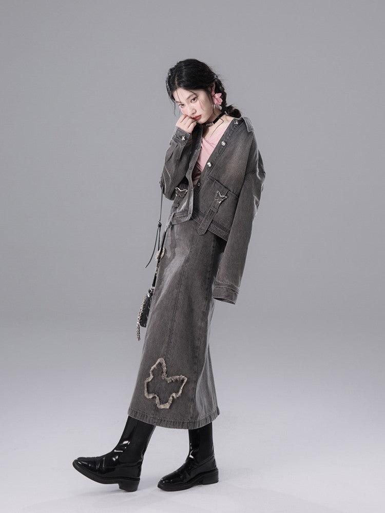 Shirt&Long-Skirt Demin Butterfly Tassel Vintage Set-Up