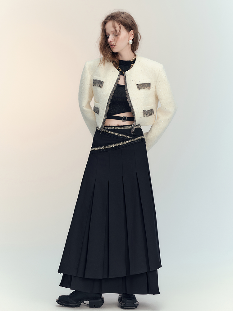 Tassel Wool No-Collar Chic 고급 재킷 미니 스커트