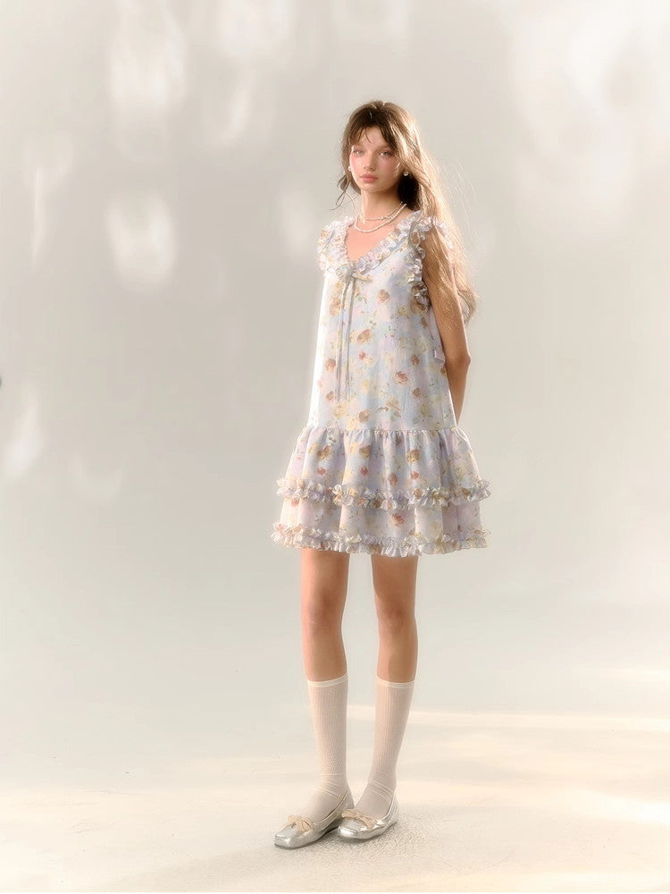 Flower Rose Frill No-Sleeve Sweet Dress