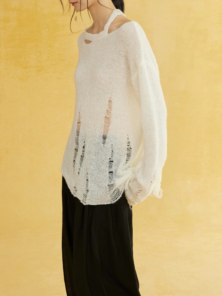 비대칭 손상 난소 캐주얼 커버 니트