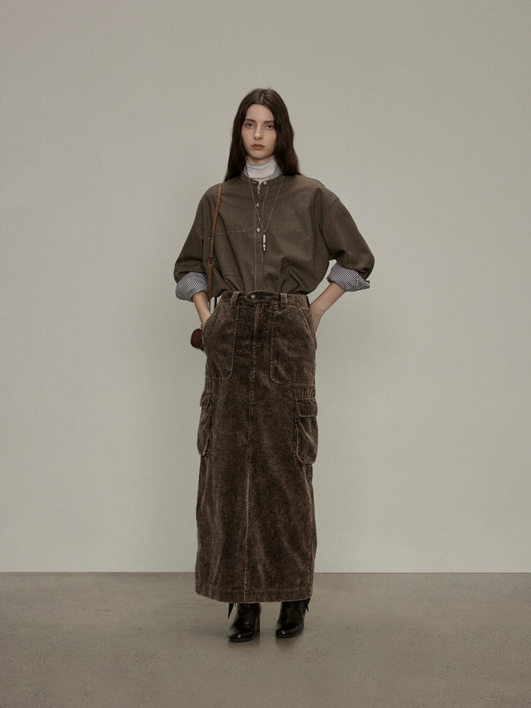 Side-Pocket Corduroy Plain Thick Casual Slit Long-Skirt