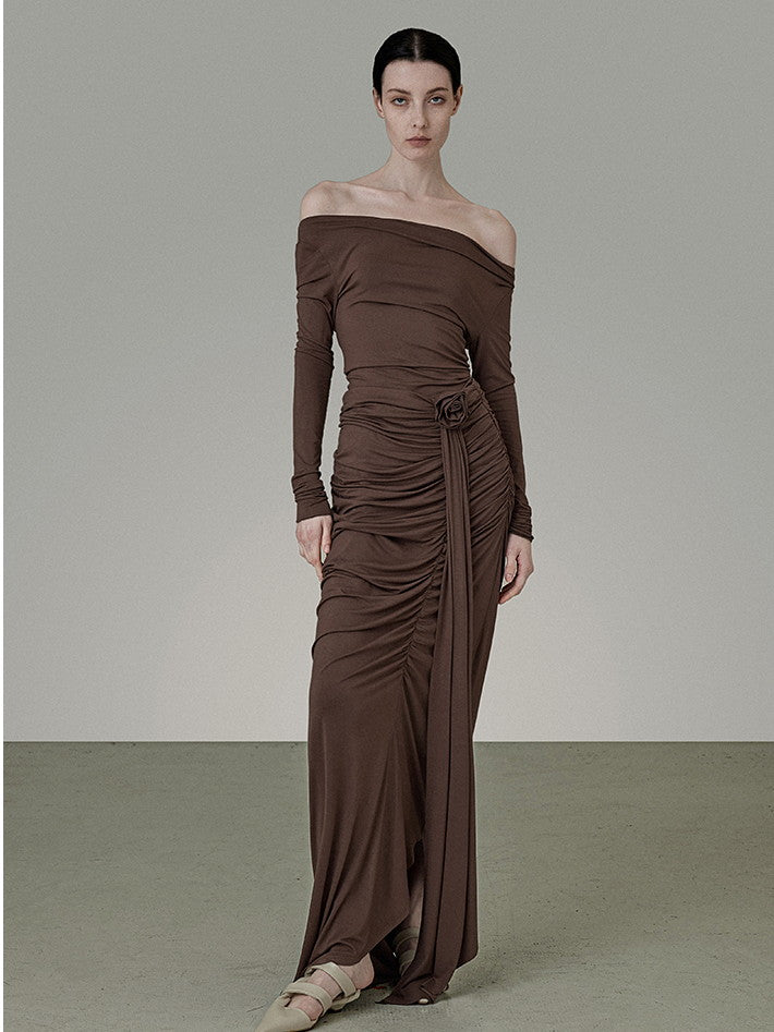 Set-Up Classy Plain Stretch Frill Drape Off-Shoulder Gather Cutsew&Long-Skirt