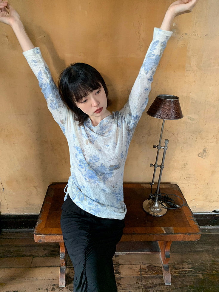 Flower Mesh Off-Shouler Thin Retro Cutsew