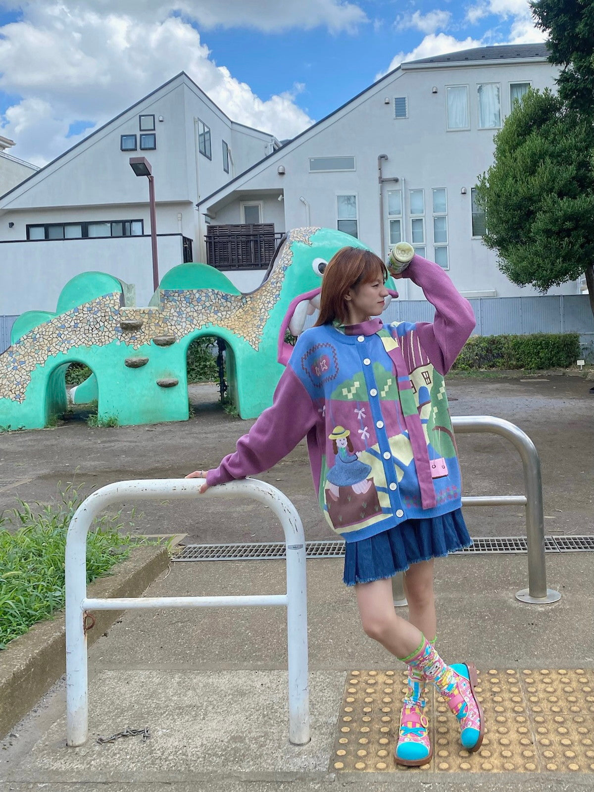 Fancy Denim Pleats Cut-Off Paint Graffiti Skirt