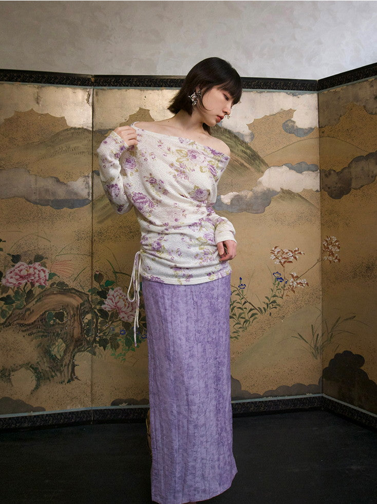 Flower Mesh Off-Shouler Thin Retro Cutsew