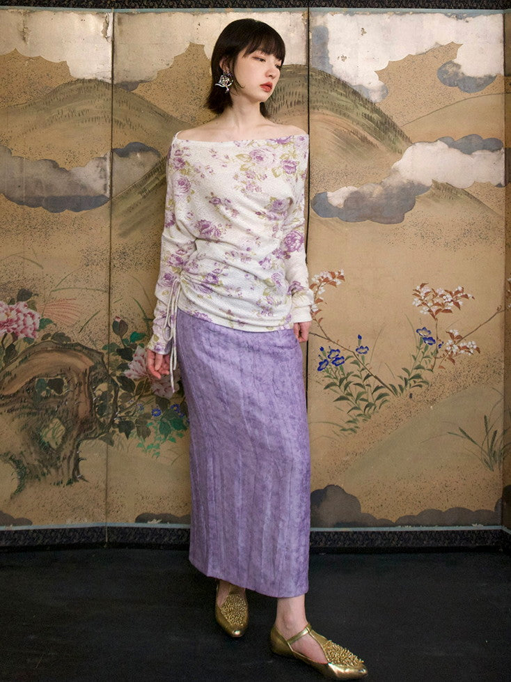 Flower Mesh Off-Shouler Thin Retro Cutsew