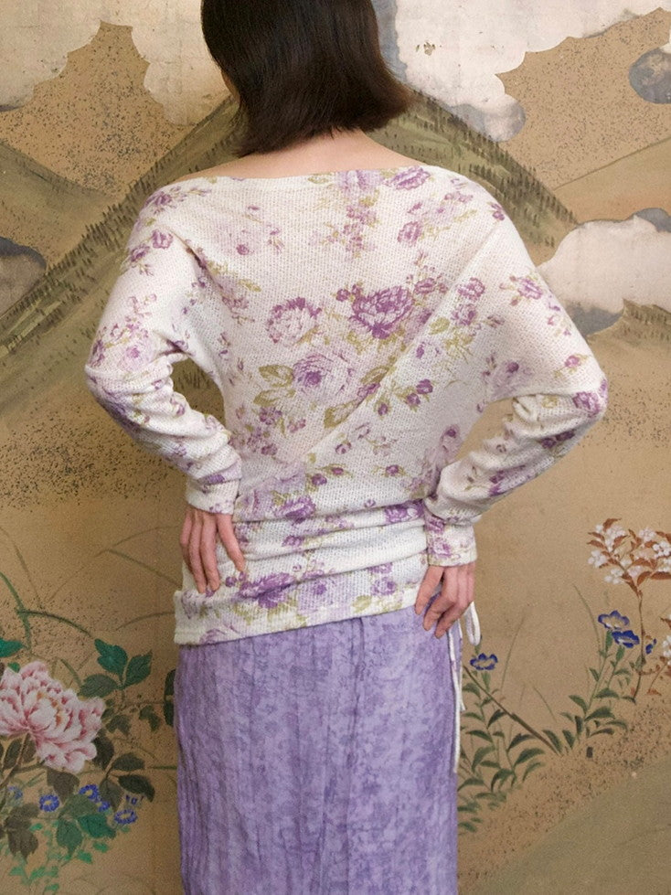 Flower Mesh Off-Shouler Thin Retro Cutsew