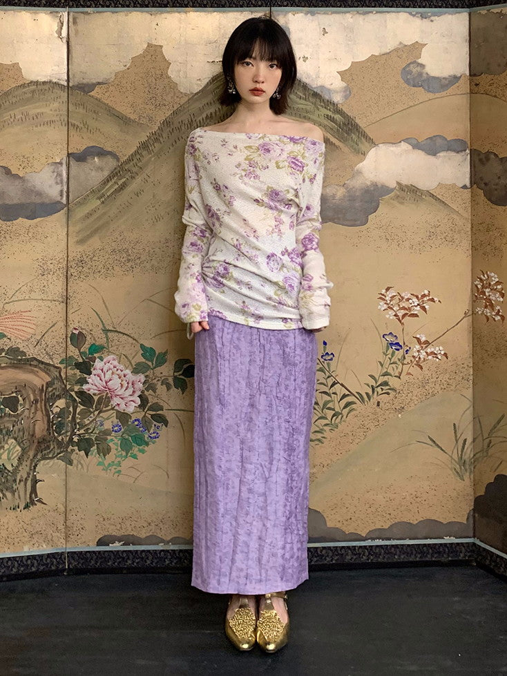 Flower Mesh Off-Shouler Thin Retro Cutsew