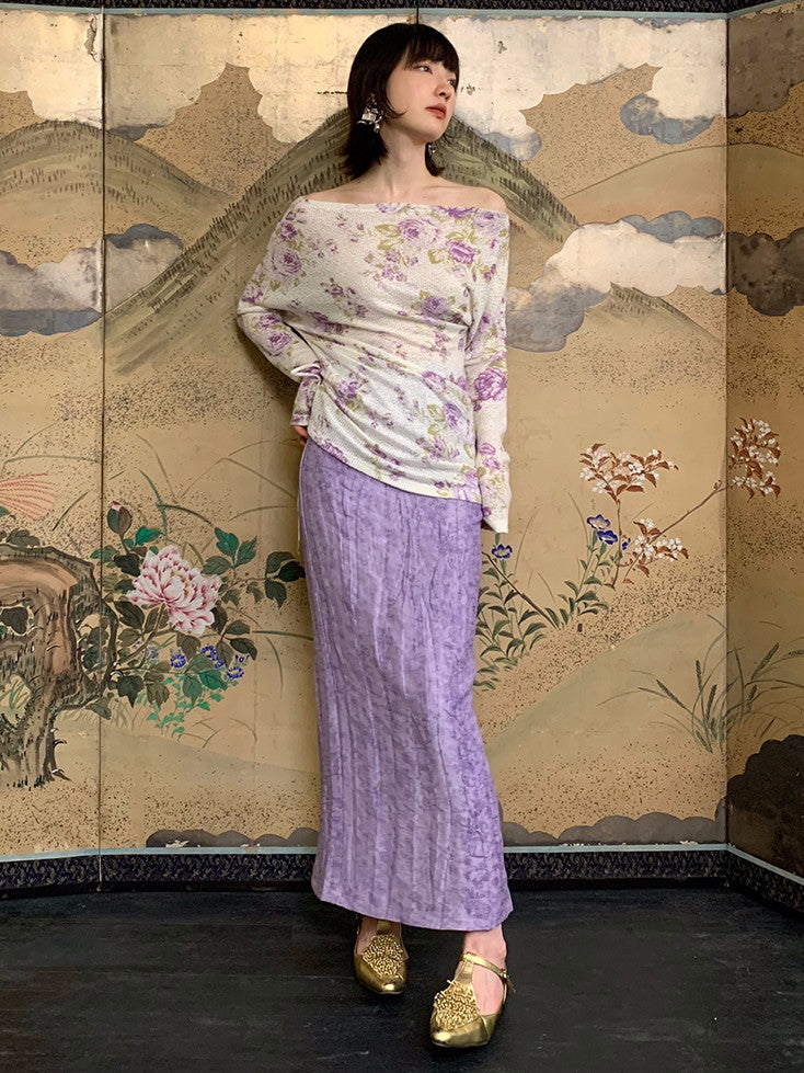 Flower Mesh Off-Shouler Thin Retro Cutsew