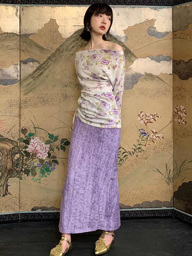 Flower Mesh Off-Shouler Thin Retro Cutsew