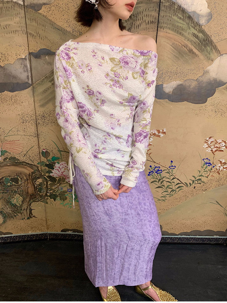 Flower Mesh Off-Shouler Thin Retro Cutsew