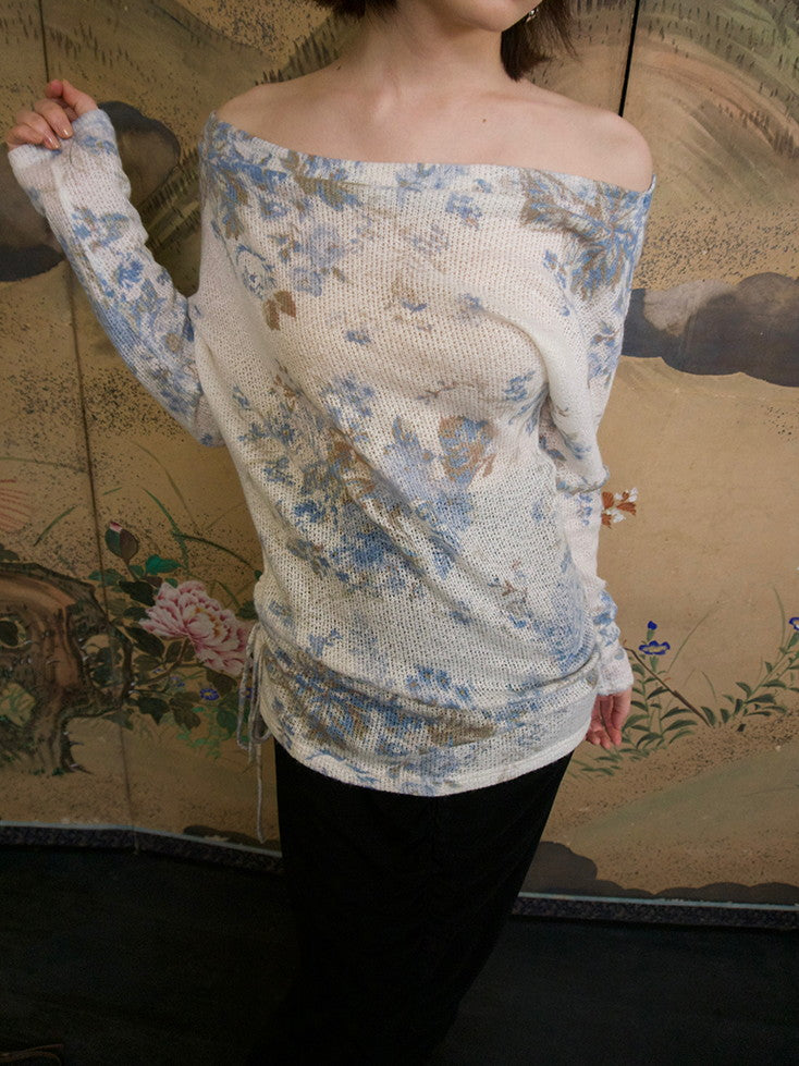 Flower Mesh Off-Shouler Thin Retro Cutsew