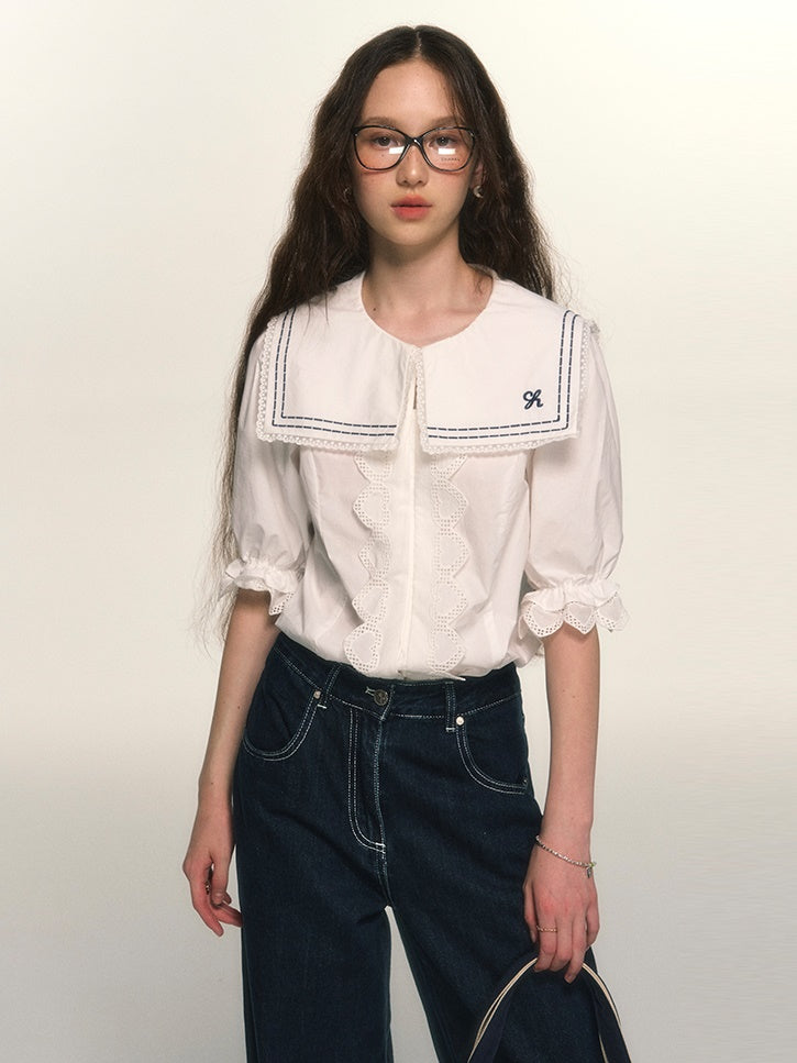 Marine Sailor-Collar Lace Candy-Sleeve Blouse