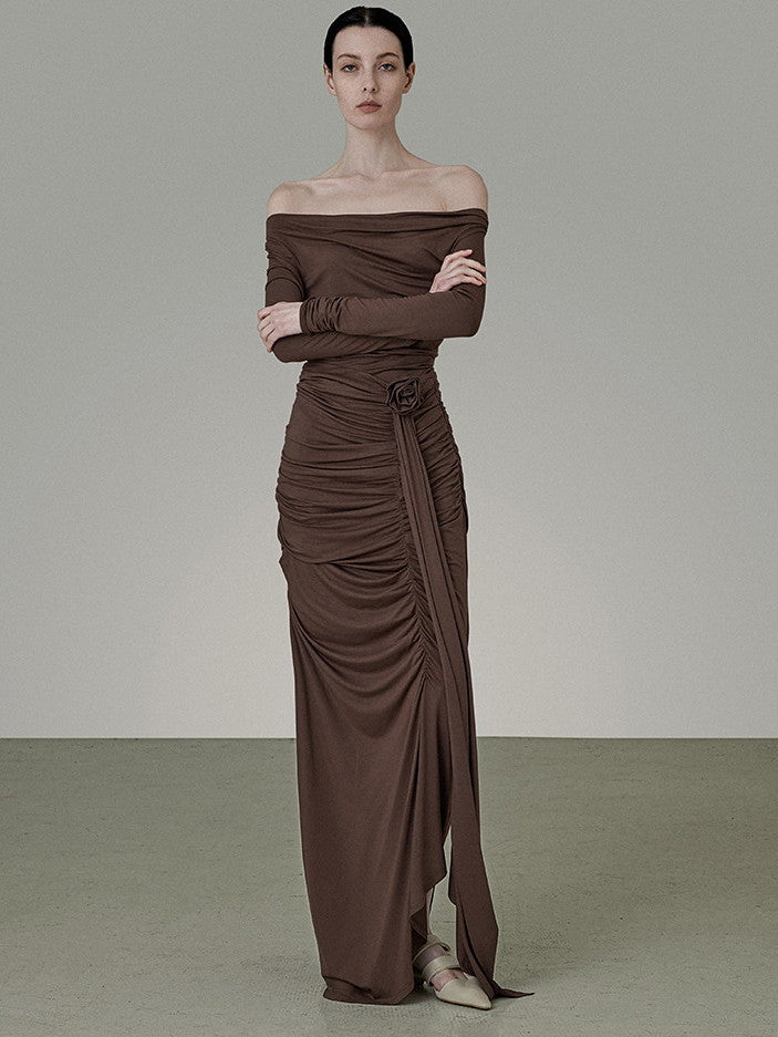 Set-Up Classy Plain Stretch Frill Drape Off-Shoulder Gather Cutsew&Long-Skirt