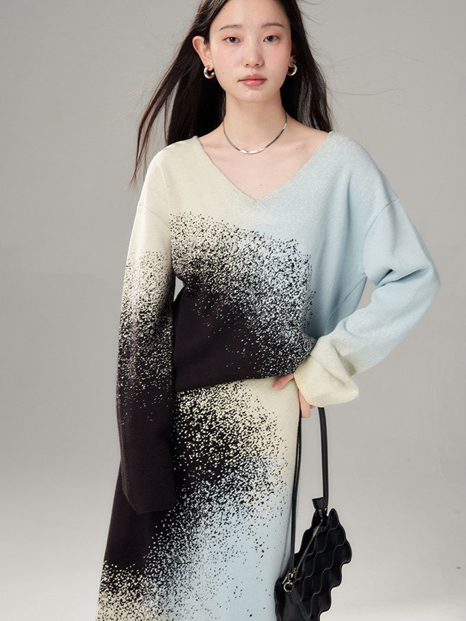 설치 스프레이 그라데이션 v- 넥 시키 딕 니트 및 장거리 스커트