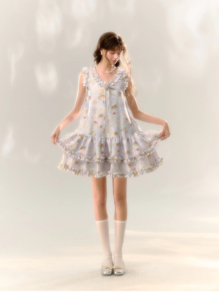 Flower Rose Frill No-Sleeve Sweet Dress