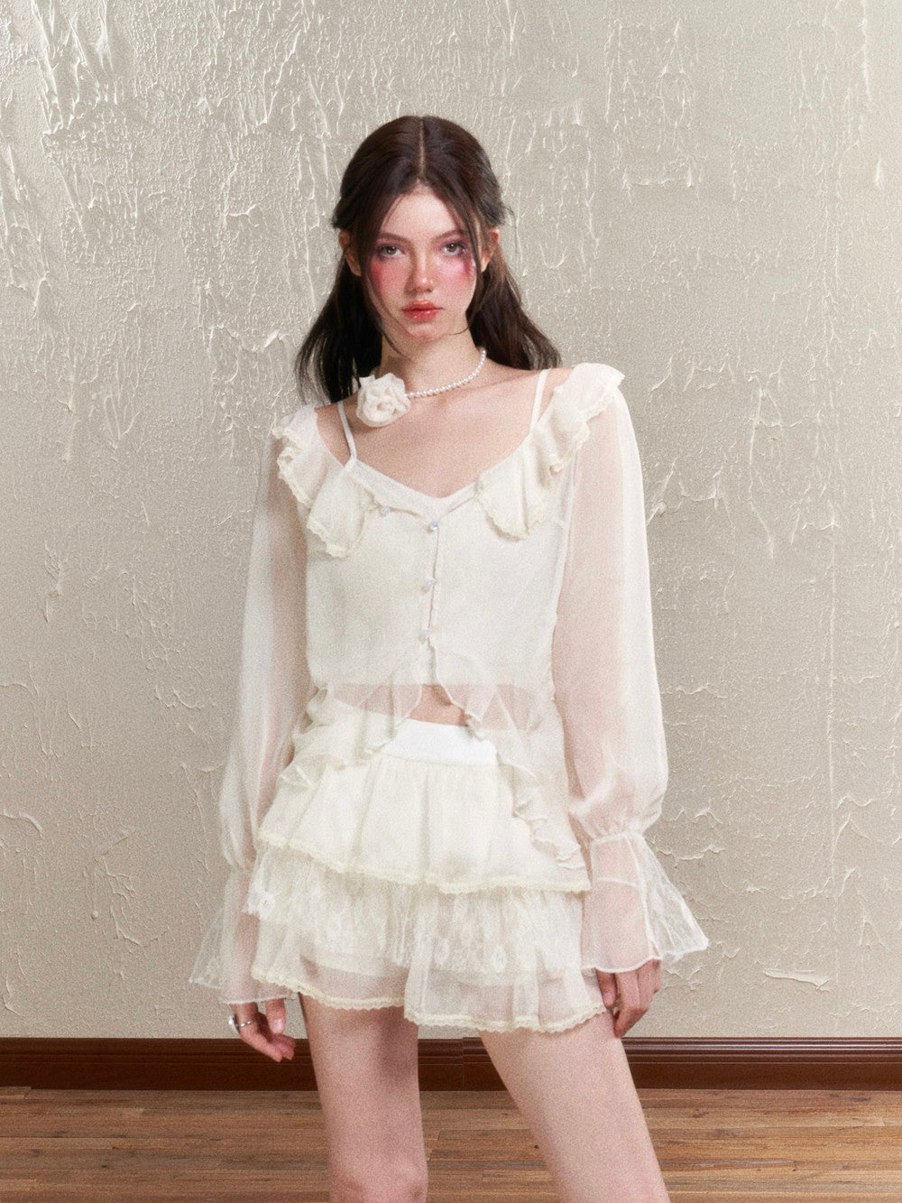 Sheer Frill Lace Feminine Blouse&Mini-Skirt