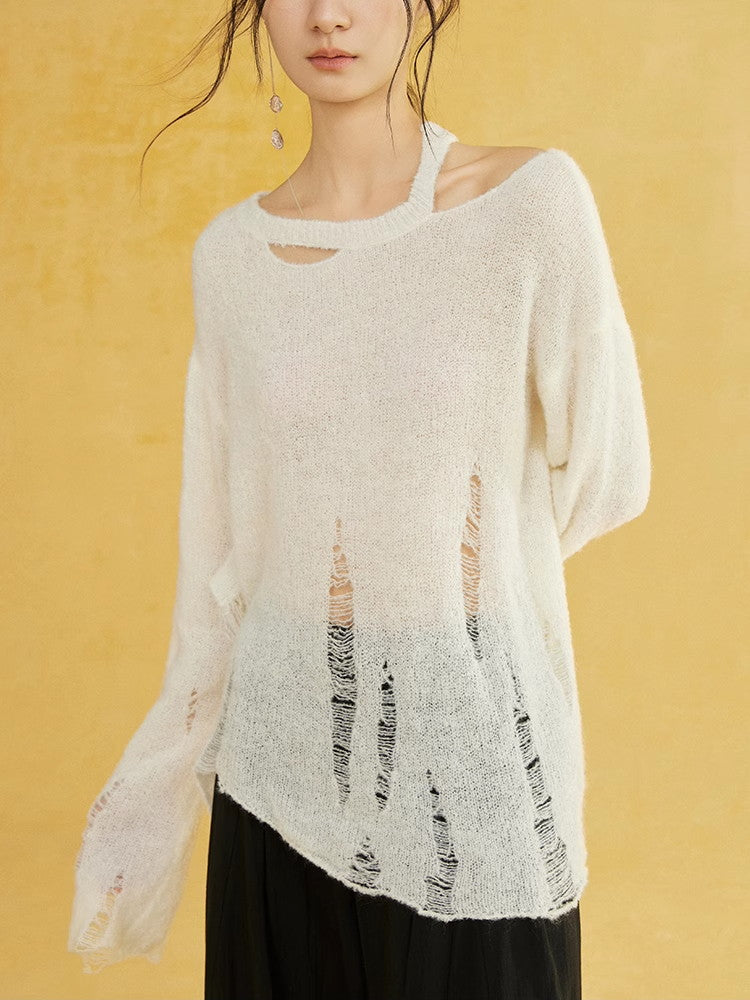 비대칭 손상 난소 캐주얼 커버 니트