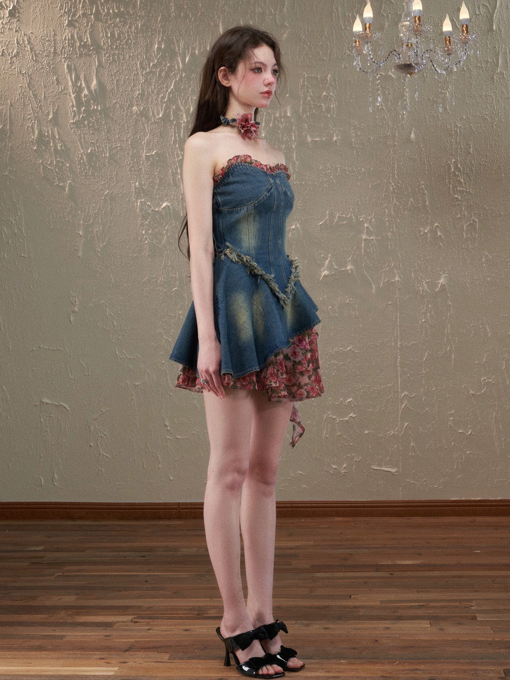 데님 베어 탑 꽃 비대칭 코폰 원피스