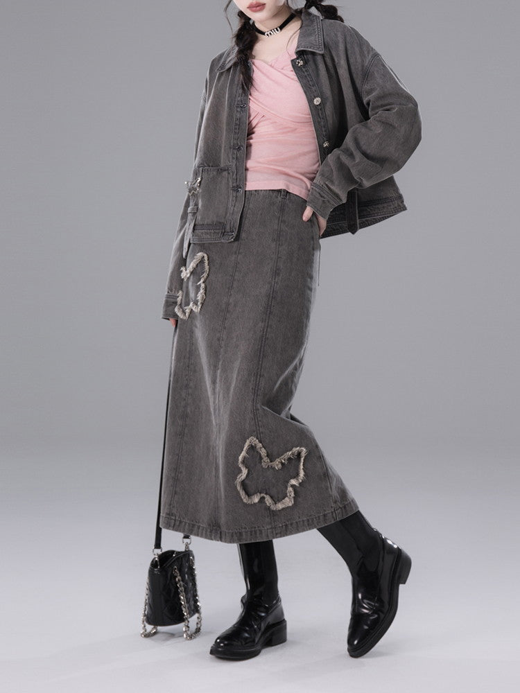 Shirt&Long-Skirt Demin Butterfly Tassel Vintage Set-Up