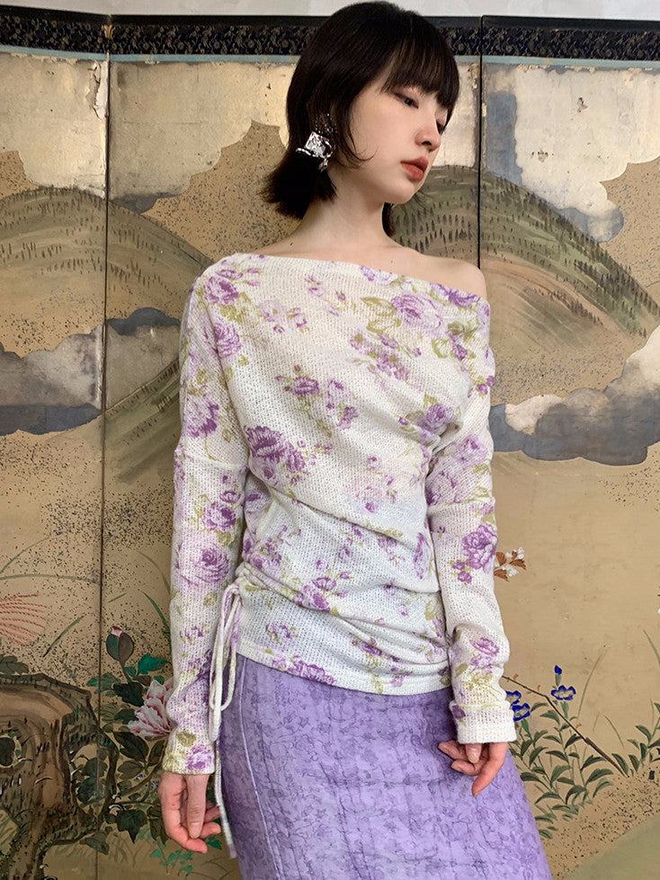 Flower Mesh Off-Shouler Thin Retro Cutsew