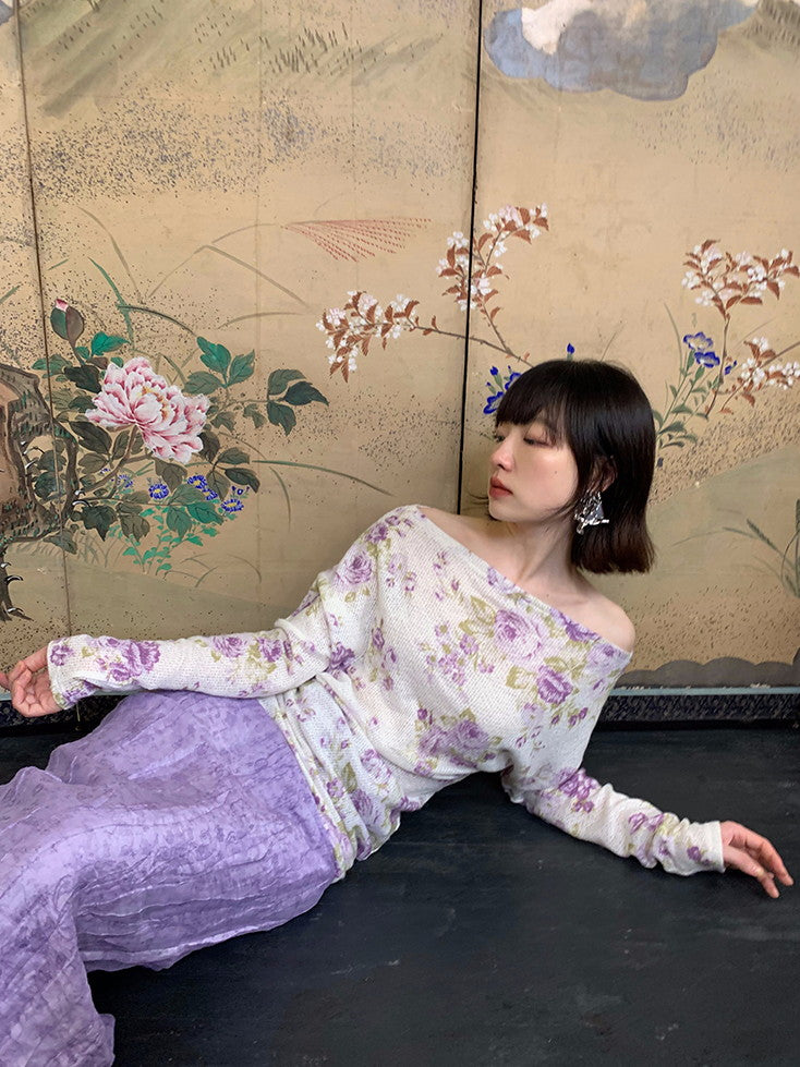 Flower Mesh Off-Shouler Thin Retro Cutsew