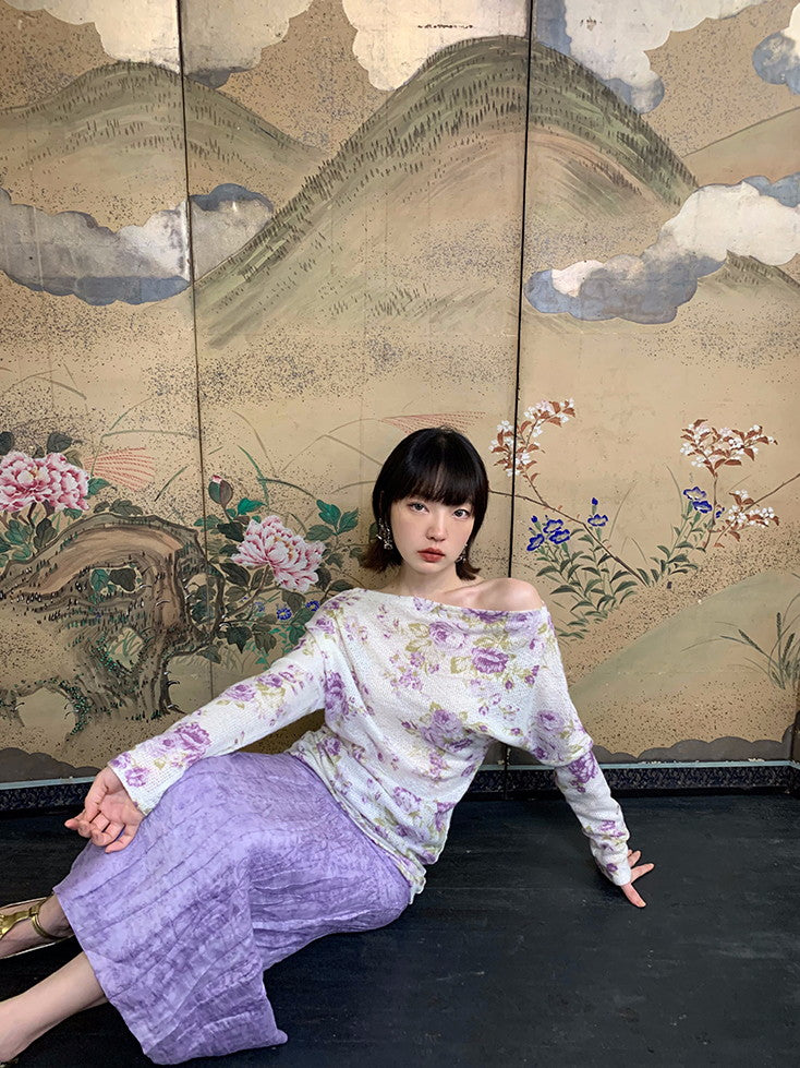 Flower Mesh Off-Shouler Thin Retro Cutsew